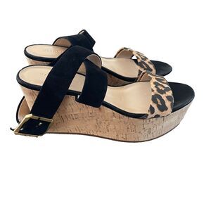Veronica Beard Hurley Cross Ankle Strap Platform Wedge Sandal Leopard Print 8M